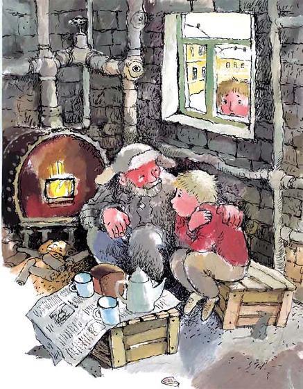 мальчик с железной пуговицей сидит с дедушкой у буржуйки