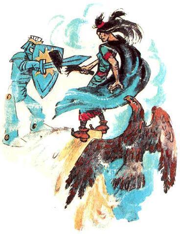 Тилли-Вилли разрубает мечем палицу Арханы орел Карфакс помогает