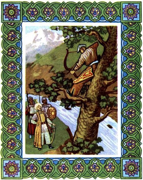 стреляет из лука с дерева