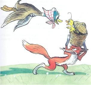 Сказка: Знаменитый утенок Тим (иллюстрации: Сутеев В.) утка преследует лису укравшую корзину с утенком