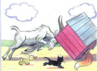 Сказка: Знаменитый утенок Тим (иллюстрации: Сутеев В.) козел лиса в будке переворачивает утенок и котенок рядом