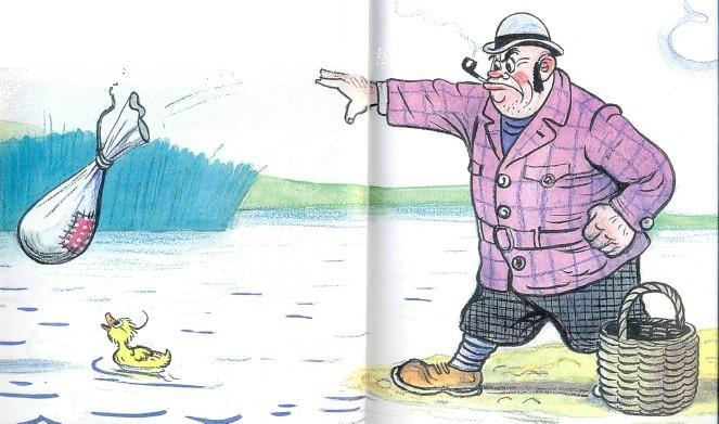 человек кидает мешок в воду утенок на озере в озеро